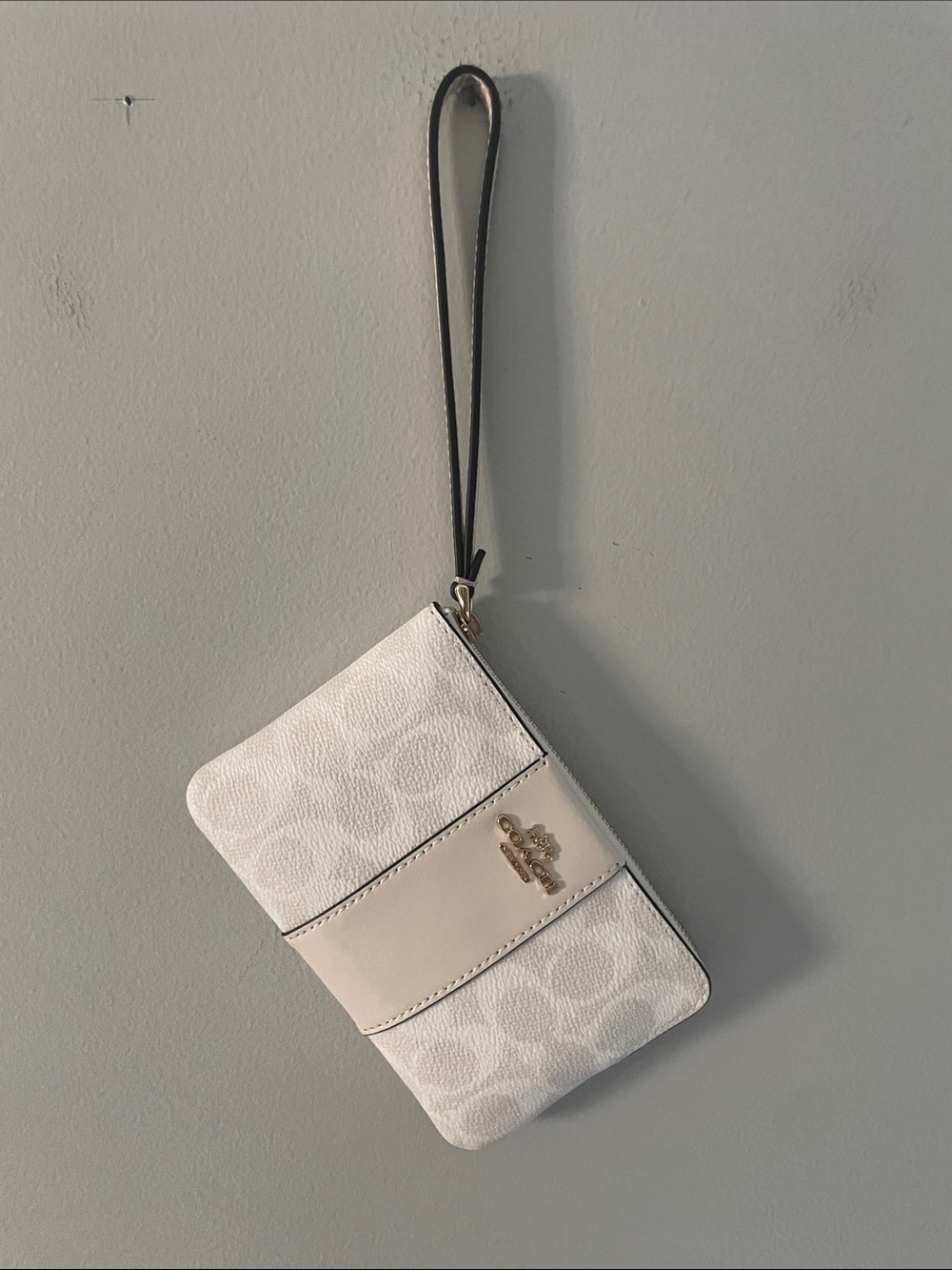 Coach White & Cream Signature Wristlet with Gold Logo